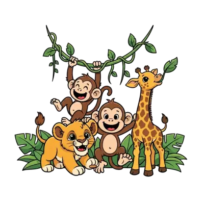 A group of cute, friendly jungle animals (like a baby lion, monkey, and giraffe) playing happily among lush green leaves, in a vibrant and playful cartoon style with bright colors.