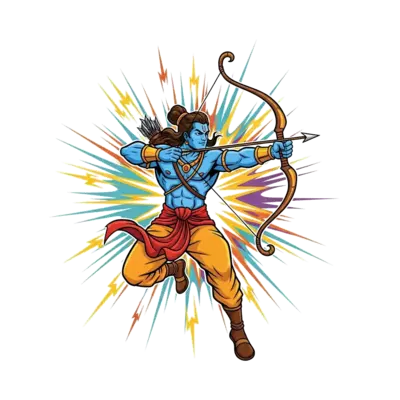 A powerful, dynamic comic book style illustration of Lord Ram as a superhero, mid-leap, drawing his bow with an arrow. He has a determined expression, surrounded by vibrant energy streaks and a colorful, action-packed background. Bold lines and bright, heroic colors.