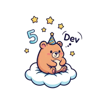 A super cute, round baby bear cub wearing a tiny party hat, sitting gently on a fluffy cloud. Five little stars twinkle around him, one subtly forming the number '5', with the name 'Dev' floating playfully nearby. Soft pastel colors, dreamlike, kawaii style illustration.