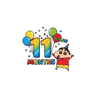 A vibrant cartoon illustration of a cheerful Shinchan playing with a big, colorful number '11 months' surrounded by balloons and confetti, in a bright, playful style. Text 'Kiaan' can be subtly integrated.
