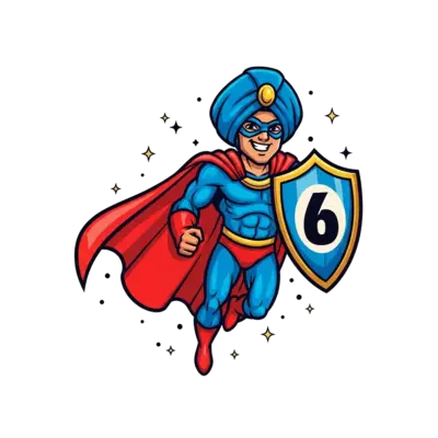 A powerful and friendly cartoon superhero character with a vibrant blue turban and a flowing red cape, flying through a starry sky, holding a shield with a bold number '6' on it. Dynamic, comic book art style with bright, cheerful colors.