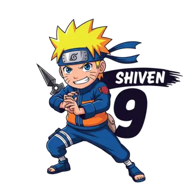 A dynamic illustration of a young, cheerful ninja character, inspired by Naruto, doing a powerful pose, with a bold '9' subtly integrated into the design and 'Shiven' written in a cool, ninja-style font. Vibrant orange, blue, and yellow colors, anime art style.