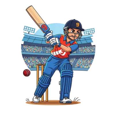 A dynamic cartoon illustration of a young boy, Virat, in a cricket uniform, hitting a six with a cricket bat, number '9' subtly integrated into the design, stadium background with cheering crowd, vibrant and energetic style.
