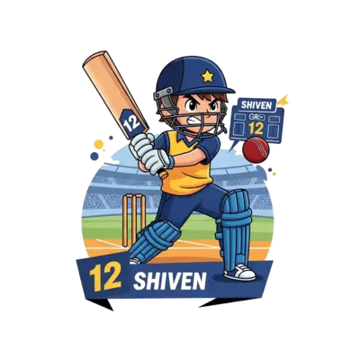 A realistic illustration of a young boy, Shiven, in a dynamic cricket batting pose, with a cricket pitch and stadium background slightly blurred, showcasing his name 'Shiven' and the number '12' subtly integrated into the design, perhaps on a scoreboard or banner.