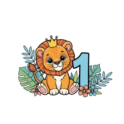 A super cute, friendly baby lion cub wearing a tiny crown, sitting among colorful jungle leaves and flowers, with a big '1' beside it, in a playful cartoon style with soft outlines.