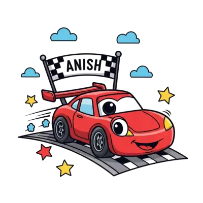 A charming cartoon illustration of a friendly red race car with big eyes and a smile, zooming on a track with a checkered flag banner that says 'Anish', surrounded by playful stars and simple clouds, vibrant colors, clean lines.