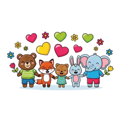 A joyful illustration of a diverse group of cute cartoon animals (like a bear, a fox, a rabbit, an elephant) holding hands and smiling, surrounded by colorful hearts and flowers, symbolizing family togetherness, in a bright, friendly, and playful style.