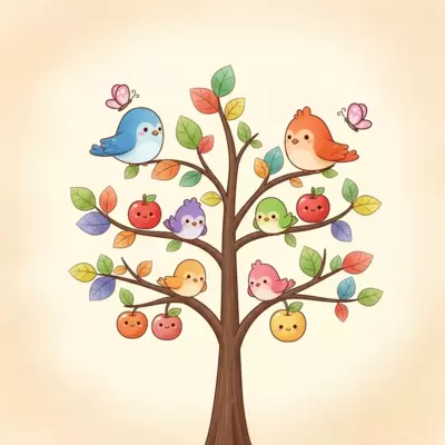 An adorable illustration of a stylized "family tree" with cartoon birds and butterflies perched on branches, with colorful leaves and small, cute fruits representing family members, set against a soft, warm background, in a charming and gentle watercolor cartoon style.