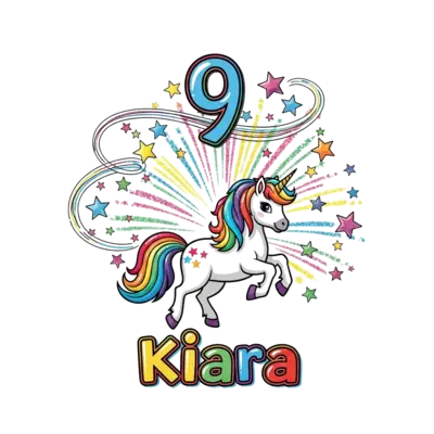 A vibrant cartoon unicorn with a rainbow mane and tail, prancing amidst a burst of colorful stars and glitter, with the number 9 elegantly incorporated into a magical swirl, and 'Kiara' written playfully below, in a cheerful and dynamic style.