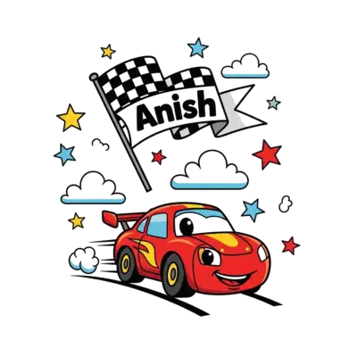 A charming cartoon illustration of a friendly red race car with big eyes and a smile, zooming on a track with a checkered flag banner that says 'Anish', surrounded by playful stars and simple clouds, vibrant colors, clean lines.