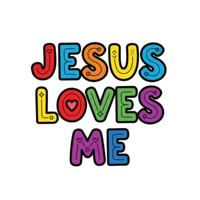 The words 'Jesus Loves Me' in cute colourful outline font 