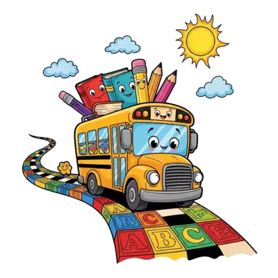 A vibrant cartoon illustration of a friendly school bus with smiling books and pencils, driving on a road made of colorful ABC blocks, with a bright sun in the sky, playful and cheerful style.