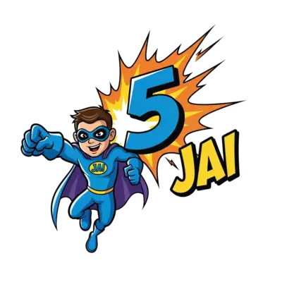 A dynamic, bold cartoon illustration of a superhero character with a cool mask, leaping into action. The number '5' is integrated into a powerful energy blast behind them, with 'Jai' written in a strong, comic-book style font. Vibrant colors and sharp lines.