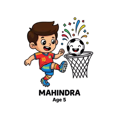 A cute cartoon boy named Mahindra, age 5, dressed in a vibrant football kit, kicking a smiling football into a net with a celebratory confetti burst, in a cheerful, whimsical style