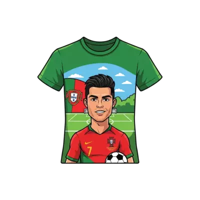 Ronaldo cartoon design with Portugal jersey in a football ground