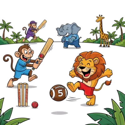 A cute cartoon jungle scene with friendly animals playing various sports (like a monkey playing cricket, a lion kicking a football), with 'Mahindra' and '5' integrated playfully into the scene, vibrant and cheerful style.