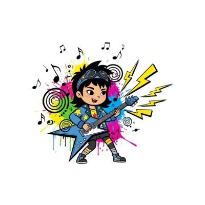 A cool, dynamic illustration of a young girl, Nivisha, as a rockstar playing an electric guitar, surrounded by swirling musical notes, abstract paint splatters, and lightning bolts. Bold lines, vibrant colors, and a street art aesthetic.
