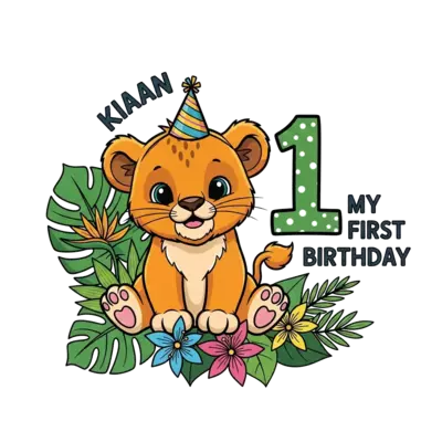 A super cute, cartoon baby lion cub wearing a tiny party hat, sitting among lush green jungle leaves and tropical flowers. A big, stylized number '1' is playfully integrated, with the text 'Kiaan' and 'My First Birthday' subtly placed around it. Vibrant, cheerful colors.
