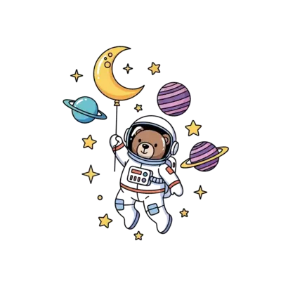 A whimsical space scene with a friendly astronaut bear floating amongst twinkling stars and colorful planets, holding a balloon shaped like a crescent moon, in a dreamy, pastel-colored cartoon style.
