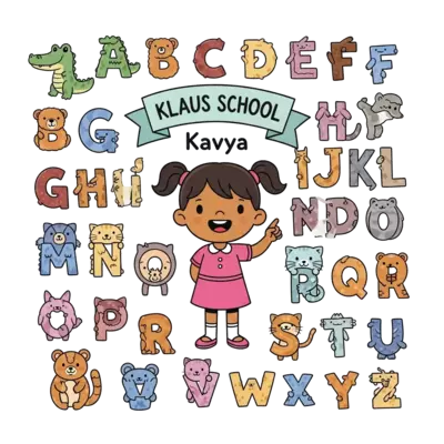 A whimsical illustration featuring 26 different cute cartoon animals, each representing a letter from A to Z (e.g., A for Alligator, B for Bear). The letters are clearly visible as part of the animals. In the center, a cheerful cartoon girl named Kavya is surrounded by these animals, pointing to a banner that says 'Klaus School'. Vibrant, soft colors, playful style, clean background.