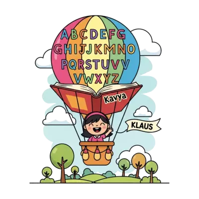 A cheerful cartoon scene with a hot air balloon whose basket is shaped like an open book. Inside, a cute cartoon girl named Kavya waves happily. The balloon itself is adorned with all 26 uppercase alphabets in a playful font. Below, a whimsical landscape with little trees and clouds, and a small banner gently floating near the balloon that says 'Klaus'. Soft, dreamy pastel colors with vibrant accents, clean vector art.