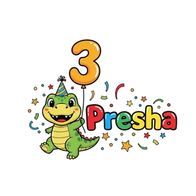 A super cute baby cartoon T-Rex wearing a tiny birthday party hat, joyfully holding a large balloon shaped like the number 3. The name 'Presha' is written in playful, bubbly letters beside it, surrounded by colorful confetti and stars on a bright background.