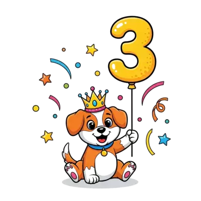 A vibrant cartoon illustration of a playful puppy wearing a sparkly princess crown, holding a large, cheerful number '3' balloon, surrounded by confetti and playful stars, in a bold and colorful style.