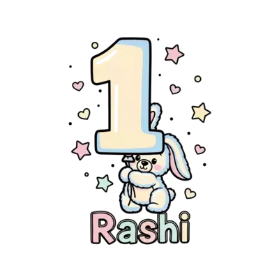 An adorable baby character, like a fluffy little bear or bunny, holding a giant number '1' balloon, with 'Rashi' written in a sweet, whimsical font. The scene is soft and pastel-colored, surrounded by gentle stars and tiny hearts, in a cute and cuddly cartoon style.