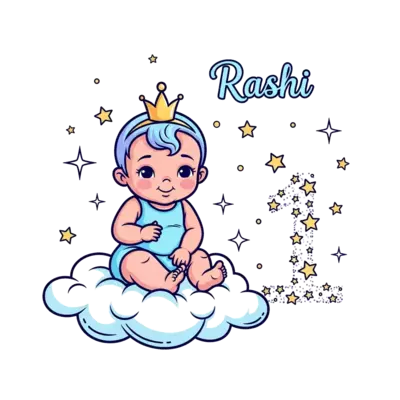 A whimsical illustration of a baby princess Rashi, with soft, dreamy pastel colors, sitting on a cloud with a tiny golden crown, surrounded by sparkling stars and a gentle '1' made of stardust.