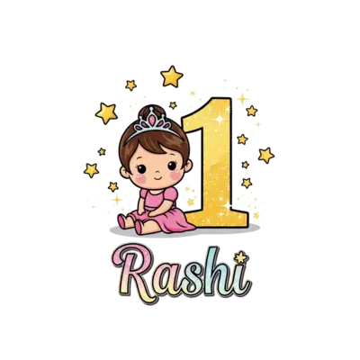 A sweet, chibi-style baby princess with rosy cheeks, wearing a tiny sparkling tiara and a pink gown, sitting gently next to a shimmering number '1'. Around her are floating golden stars and magical glitter, with 'Rashi' elegantly scripted below, in a whimsical, pastel, and sparkly illustration.