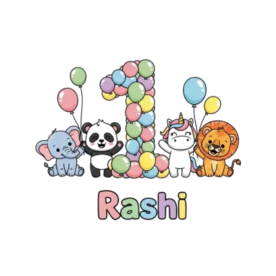 A whimsical illustration featuring a group of adorable baby animals (like a tiny elephant, a smiling panda, a cheerful unicorn, and a playful lion cub) celebrating with a number '1' made of colorful balloons, with 'Rashi' written playfully below, in a soft pastel cartoon style.