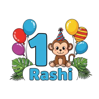 A super cute cartoon baby monkey wearing a tiny party hat, sitting next to a big number '1' with 'Rashi' written playfully below, surrounded by colorful balloons and jungle leaves, in a vibrant, friendly style.