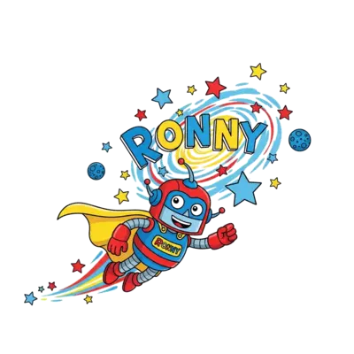 A vibrant cartoon illustration of a friendly superhero robot flying through a colorful starry galaxy, with 'Ronny' written playfully amongst the stars, in a dynamic and energetic style.
