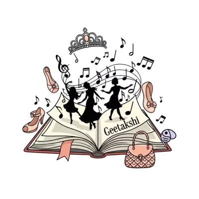 A whimsical illustration of an open storybook with musical notes and dancing silhouettes emerging from its pages, surrounded by delicate fashion accessories like a tiara and a small handbag, all in an elegant watercolor style with 'Geetakshi' subtly integrated into the design, soft pastel colors.
