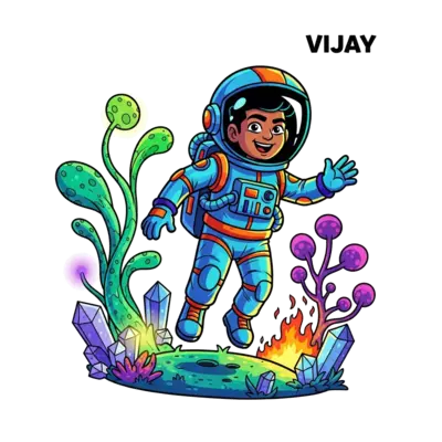 A fearless cartoon astronaut named Vijay exploring a vibrant alien planet with unusual flora and glowing crystals, bold lines, dynamic composition, bright cosmic colors, adventurous art style.