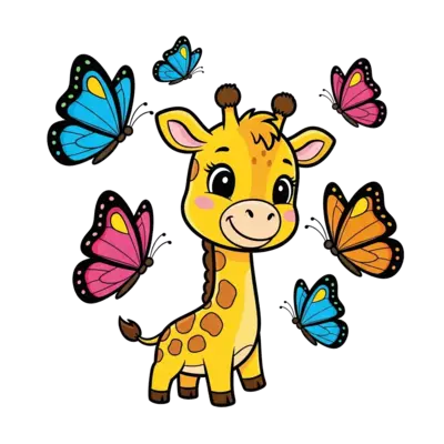 A super cute baby giraffe cartoon character, smiling and playing with colorful butterflies, in a vibrant, cheerful style, isolated on a white background.