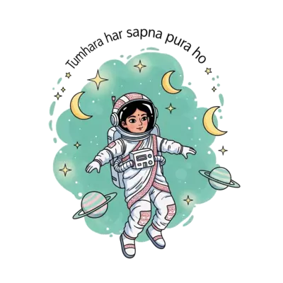 A whimsical illustration of a young Indian girl astronaut floating gracefully in a serene seagreen cosmic ocean, surrounded by sparkling stars, crescent moons, and gentle planets. The Hindi text "Tumhara har sapna pura ho" is subtly integrated as part of the starry background, glowing softly. Dreamy, pastel cartoon style.