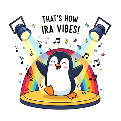A cheerful, cartoon-style penguin joyfully dancing on a stage, surrounded by musical notes, confetti, and a rainbow of spotlights, with the text 'That's how Ira vibes!' in a playful font. The scene is bursting with vibrant colors and energy.