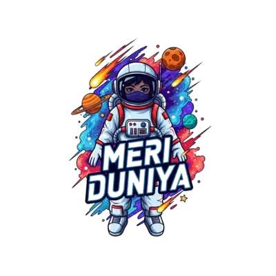 A bold and cool illustration of a cosmic girl astronaut with 'MERI DUNIYA' written in stylized futuristic font, surrounded by vibrant nebulae, shooting stars, and distant planets, in a dynamic and energetic art style.
