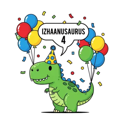 A cute, friendly cartoon T-Rex wearing a party hat, surrounded by colorful balloons and confetti, with 'Izhaanusaurus 4' playfully integrated into the design, vibrant colors, clean lines.