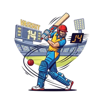 A dynamic, cartoon-style illustration of a cricket batsman in a powerful hitting pose, with 'Vasisht' and '14' integrated subtly into the background as stadium lights or a scoreboard graphic. Vibrant, energetic colors, clean lines, and a celebratory feel.