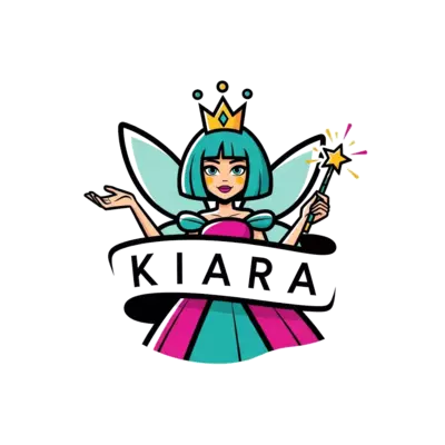 A bold and modern graphic illustration of a stylized fairy princess with strong, clean lines and vibrant, contemporary colors, exuding confidence. The name 'Kiara' is integrated into the design in a chic, modern font.
