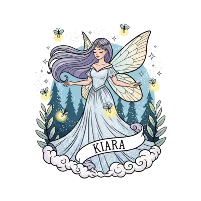 A whimsical illustration of a graceful fairy princess with long flowing hair, wearing a shimmering gown and delicate wings, surrounded by sparkling dust and glowing fireflies, in an enchanted forest setting. Her name "Kiara" is subtly integrated into a magical banner or a cloud, pastel colors, dreamy art style.
