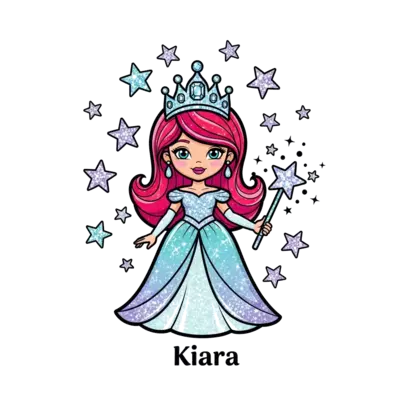 A glamorous cartoon princess named Kiara, with a sparkling crown and a shimmering gown, surrounded by glittery stars and a magical wand, in a vibrant, high-contrast style.