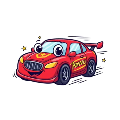 A super cute cartoon red race car with big friendly eyes, a smiling grill, and 'Anvvu' written playfully on its side, surrounded by gentle speed lines and little stars, vibrant cartoon style, isolated graphic.