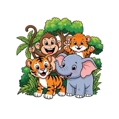 A cheerful group of cartoon jungle animals (a grinning monkey, a happy tiger cub, a cute elephant calf) playing together in a vibrant, lush green forest, bright and friendly illustration style.