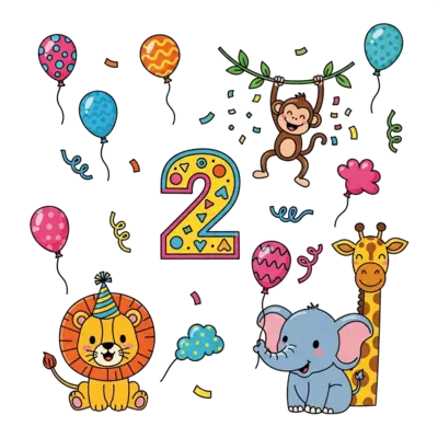 A cheerful illustration of various cute jungle animals (like a baby lion, elephant, monkey, and giraffe) celebrating a 2nd birthday party, with colorful balloons, confetti, and a big number '2' prominently displayed. The style is vibrant, playful, and cartoony.