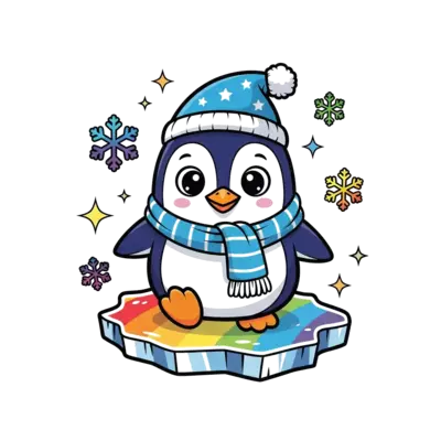 A cheerful cartoon penguin with big friendly eyes, standing on a rainbow-colored ice floe, surrounded by sparkling rainbow-hued snowflakes and stars, in a vibrant and playful style.