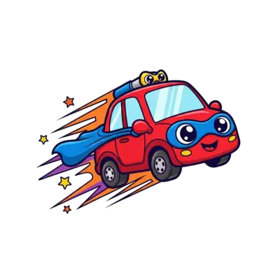 A super cute cartoon little red car with big friendly eyes, wearing a blue superhero cape and a tiny yellow mask, flying through a starry sky with orange and purple comic-style speed lines, in a playful, vibrant cartoon style.