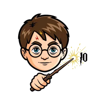 A cool illustration of Harry Potter's face with his iconic glasses and scar, holding his wand mid-spell, with magical sparks and a subtle '10' integrated into the design, vibrant and detailed fantasy art style.